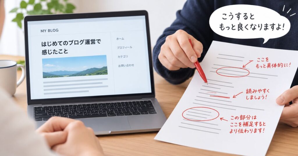 自分のブログ記事を経験者に見てもらい改善点を指摘されている様子